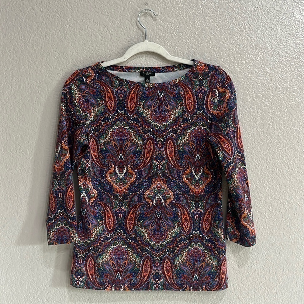 Talbots Petites Cotton Blend Paisley 3/4 Sleeve T-Shirt Size SP